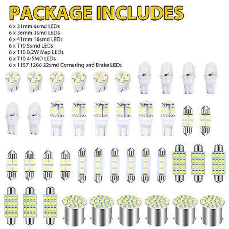 42PCS Car Interior Combo LED Map Dome Door Trunk License Plate Light Bulbs White