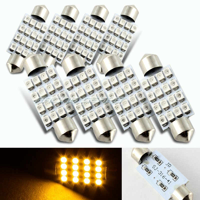 8x 41mm 16 SMD Amber LED Panel Interior Replacement Dome Light Lamp Festoon Bulb