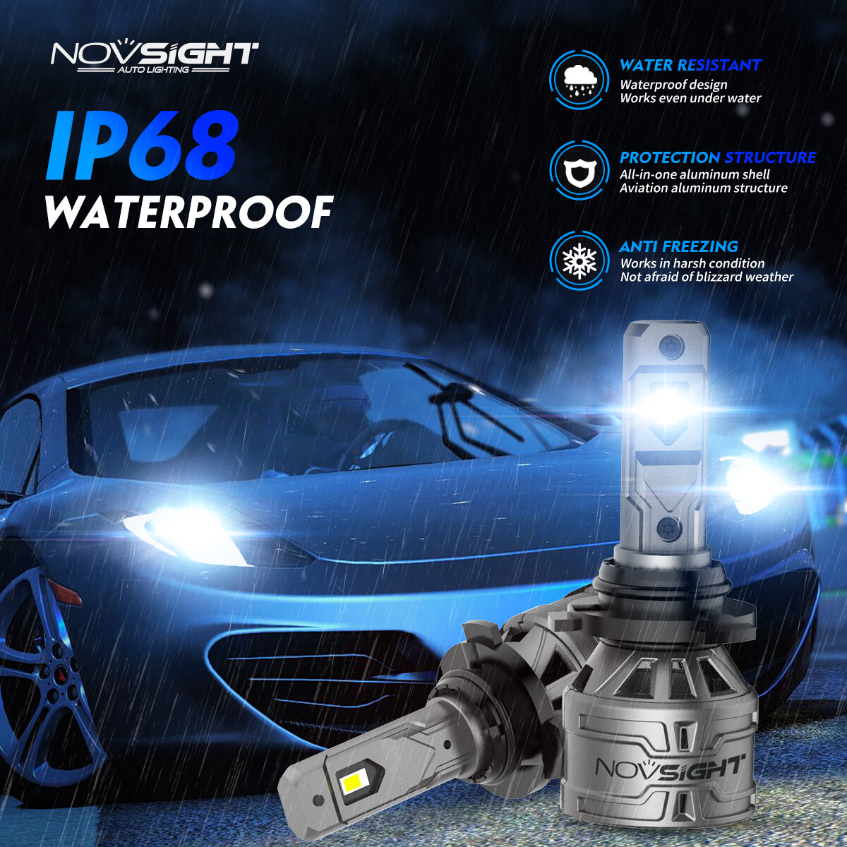 NOVSIGHT HB3/9005+H11 LED Headlight High Low Beam Bulbs 6500K 60W Super Bright