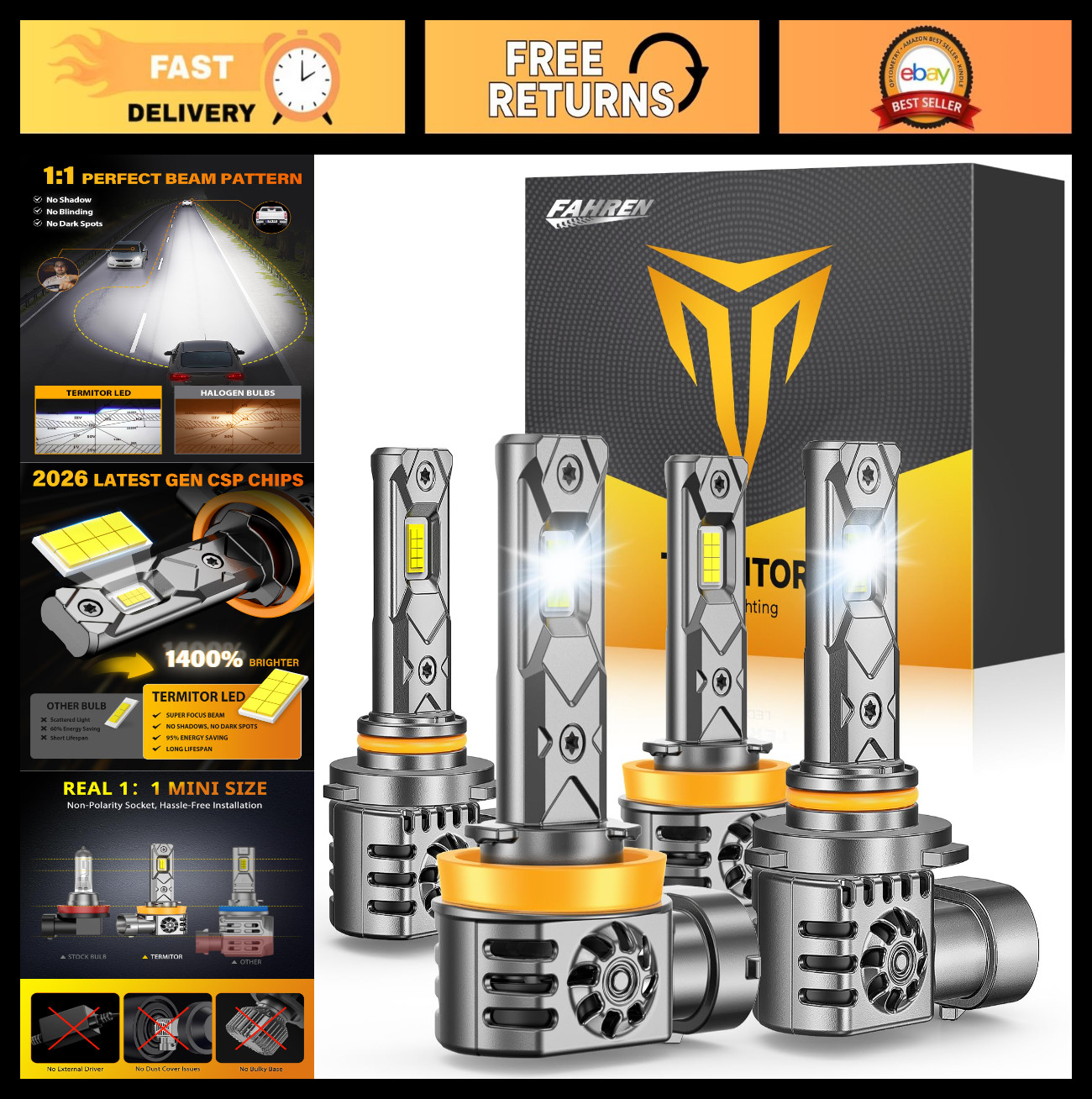 Ultra Bright H11/H9/H8 9005 LED Bulbs Combo 100000LM Mini Size, IP68 Waterproof,