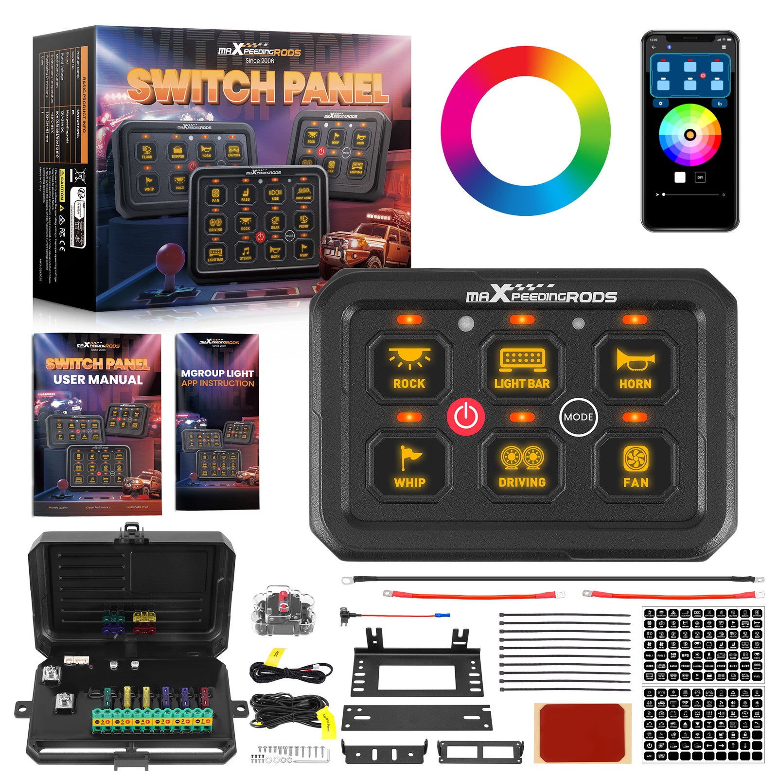Switch Control Panel For Off-Road Vehicle Boat SUV 6 Gang RGB APP 12V-24V 720W