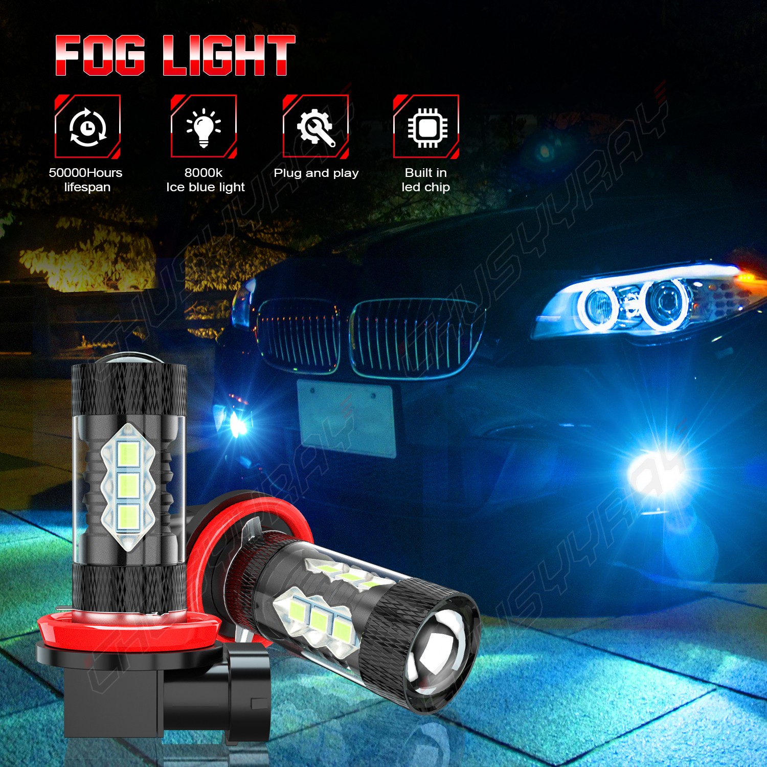 2pcs H11 H8 LED Fog / Driving Light Bulbs 8000K Blue For Jeep Renegade 2015-2021