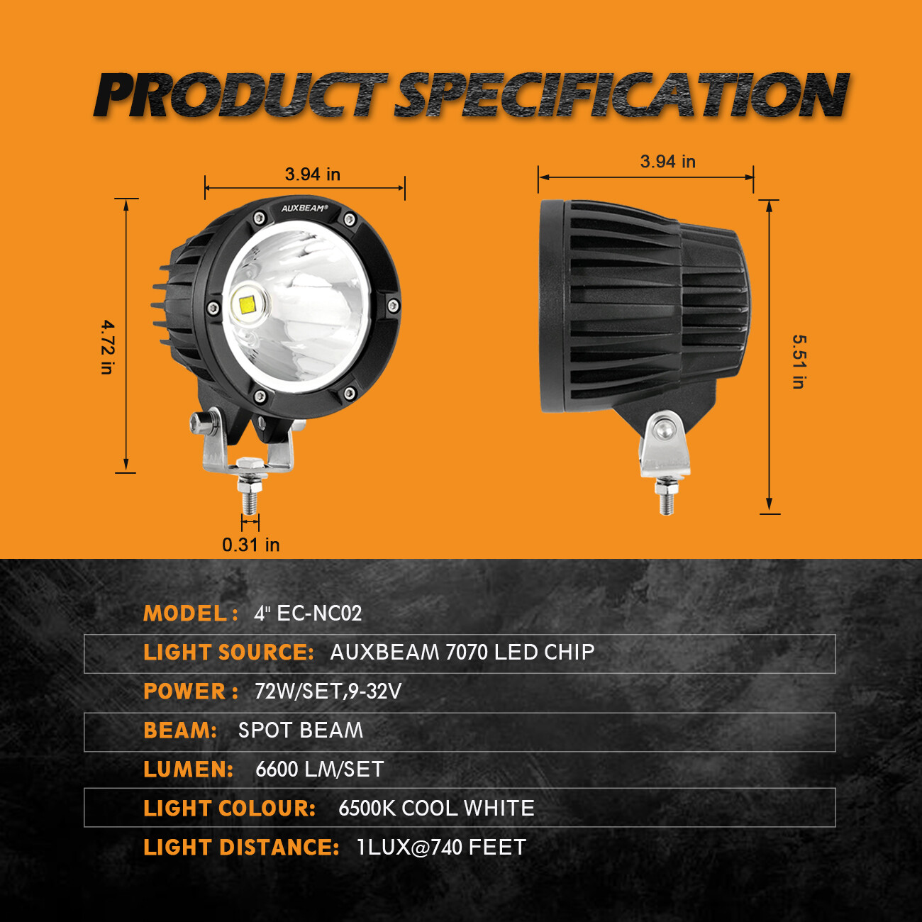 AUXBEAM 4″ Inch LED Work Light Bar Spot Driving Fog Pods Offroad ATV Boat Trucks