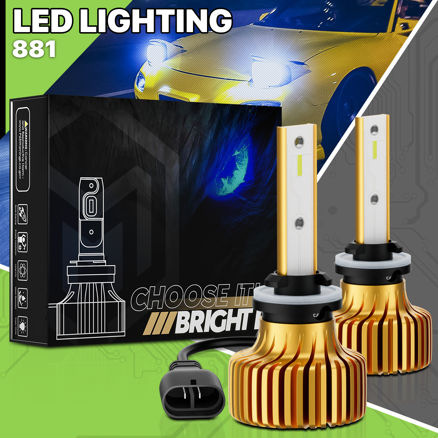 Pair H27W/2 881 6500K LED Headlight Bulb High/Low Beam Fog Lighting DRL 12V/24V