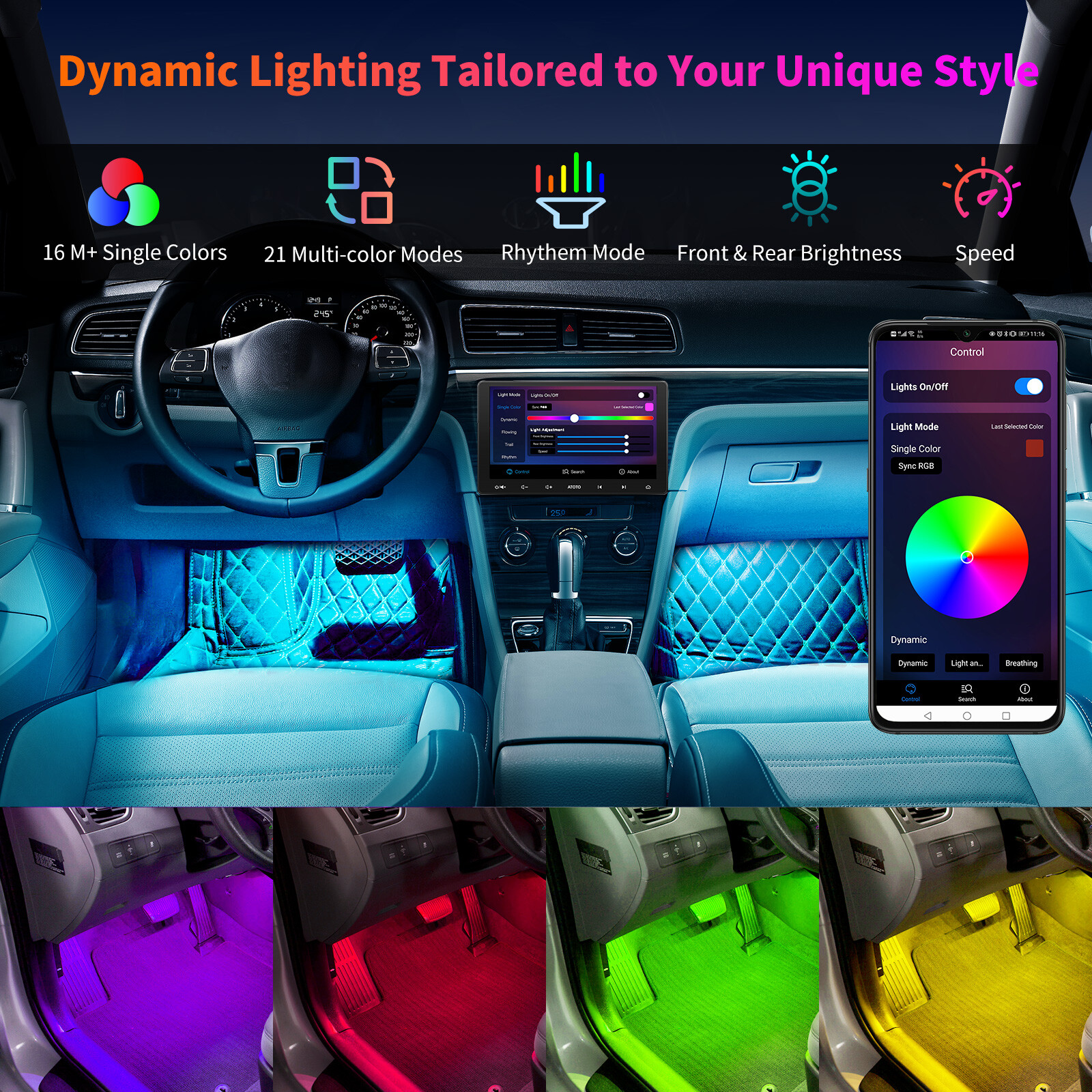ATOTO Car 160 LED RGB Light Smart Interior Light w App Control,DIY 21 Music Mode