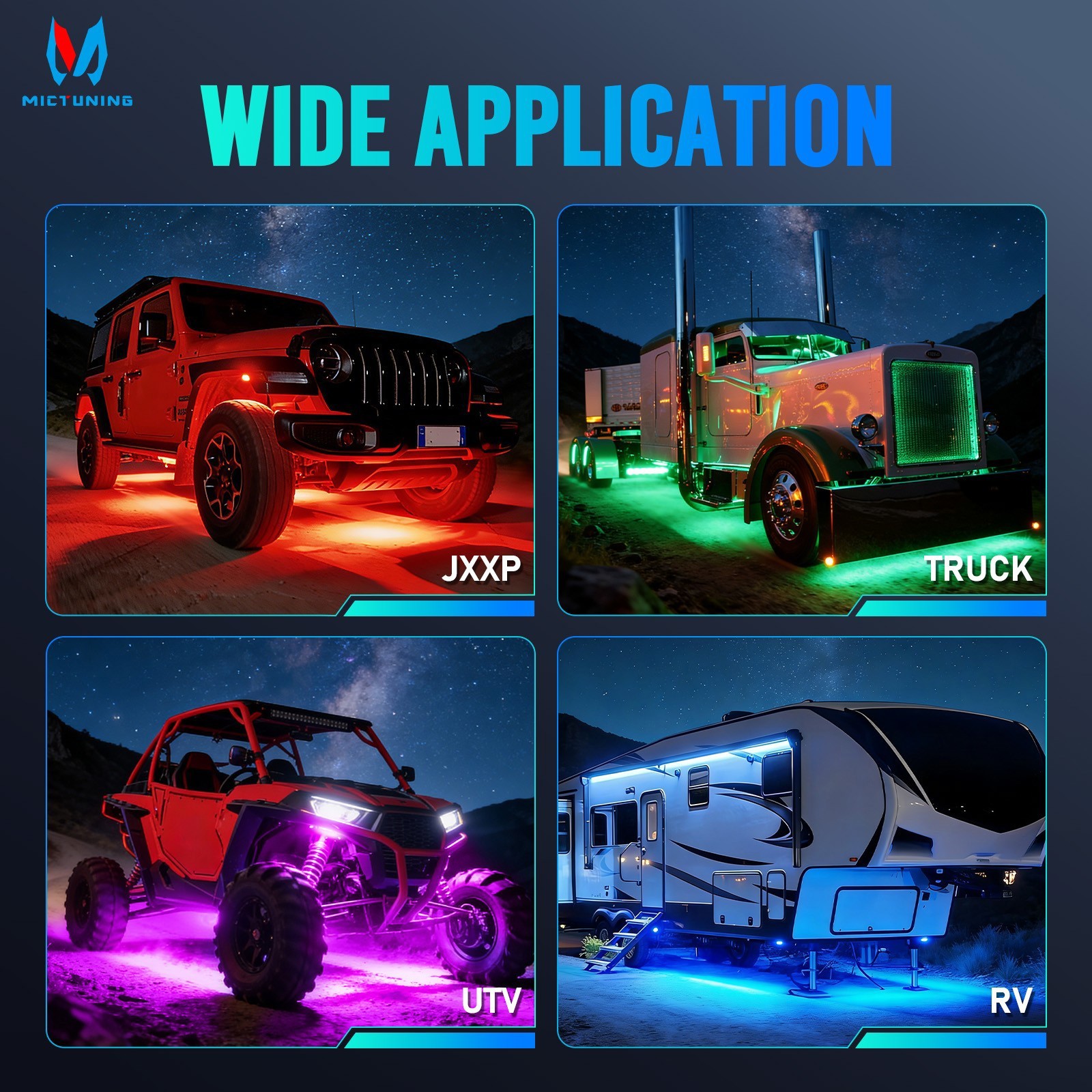 MICTUNING Q1 RGBW LED Rock Lights -8 Pods Underglow Underbody Neon LED Light Kit