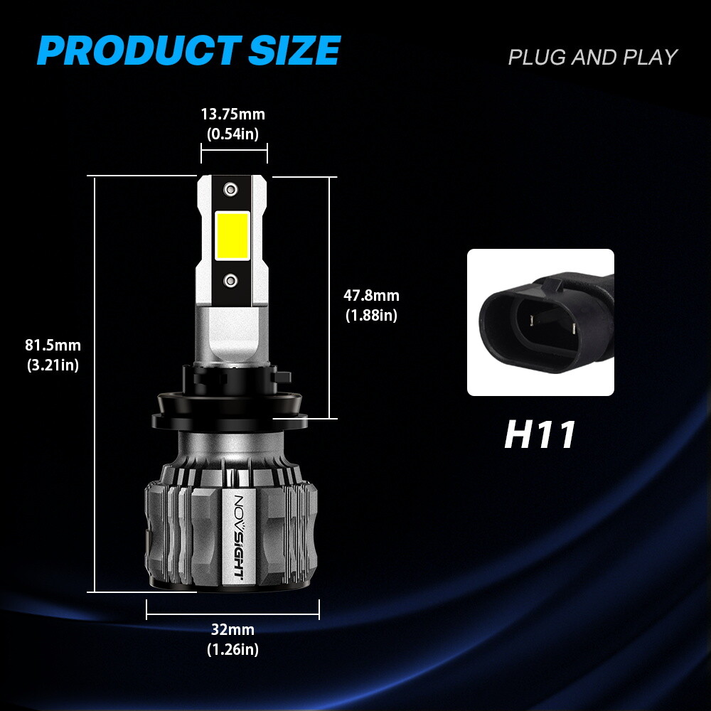 NOVSIGHT H8 H9 H11 LED Headlight Bulbs Kit Super Bright High Low Beam Lamp 6500K