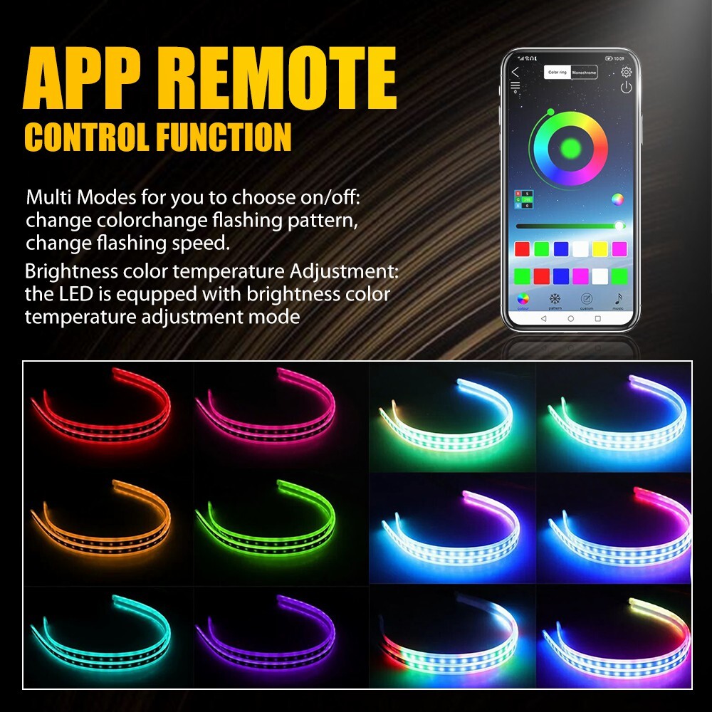 2x Car Headlight 60cm APP RGB Slim Sequential Flexible LED DRL Turn Signal Strip