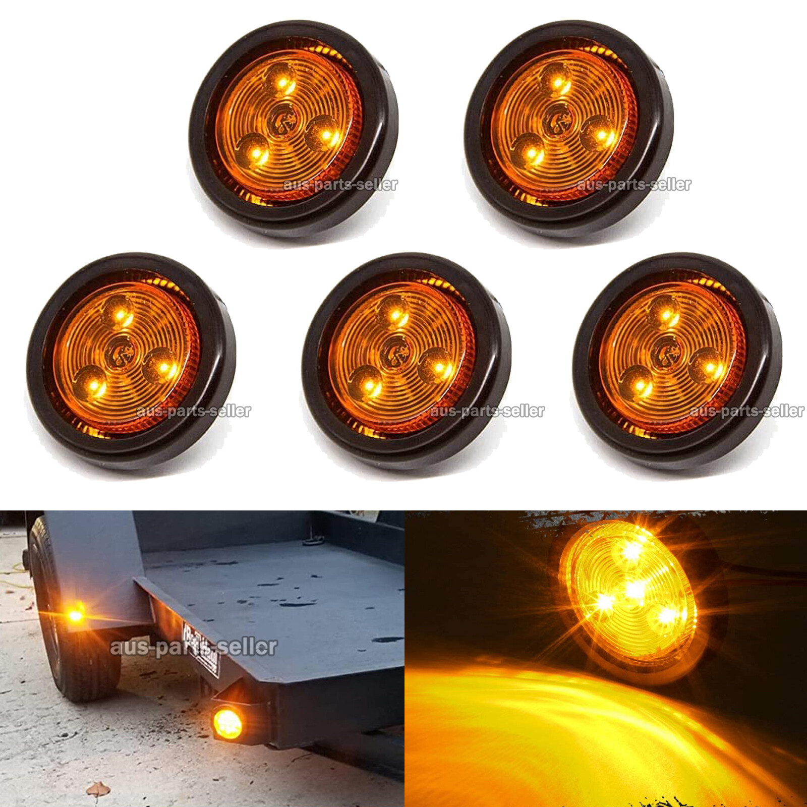 5pc Amber Round 2″ Side Marker Lights Clearance LED Truck Trailer Lamp 12-24Volt