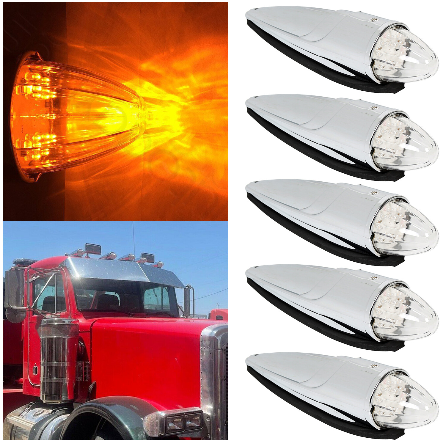 5x Clear/Amber 17 LED Torpedo Cab Marker Roof Light For Peterbilt Kenworth Mack