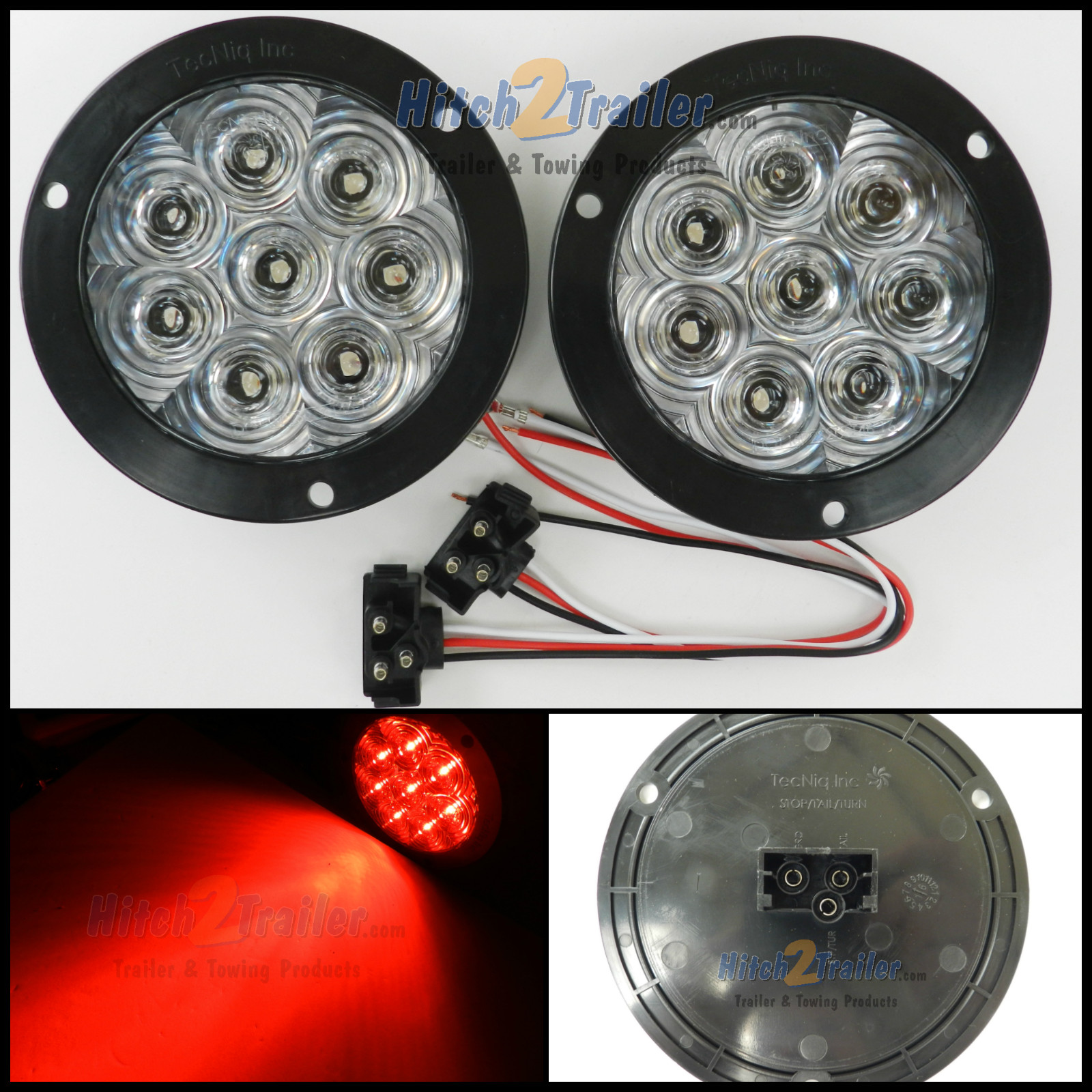 (2) 8 LED 4″ Round Stop Turn Tail Light Clear/ RED TecNiq LED Flange Mount USA