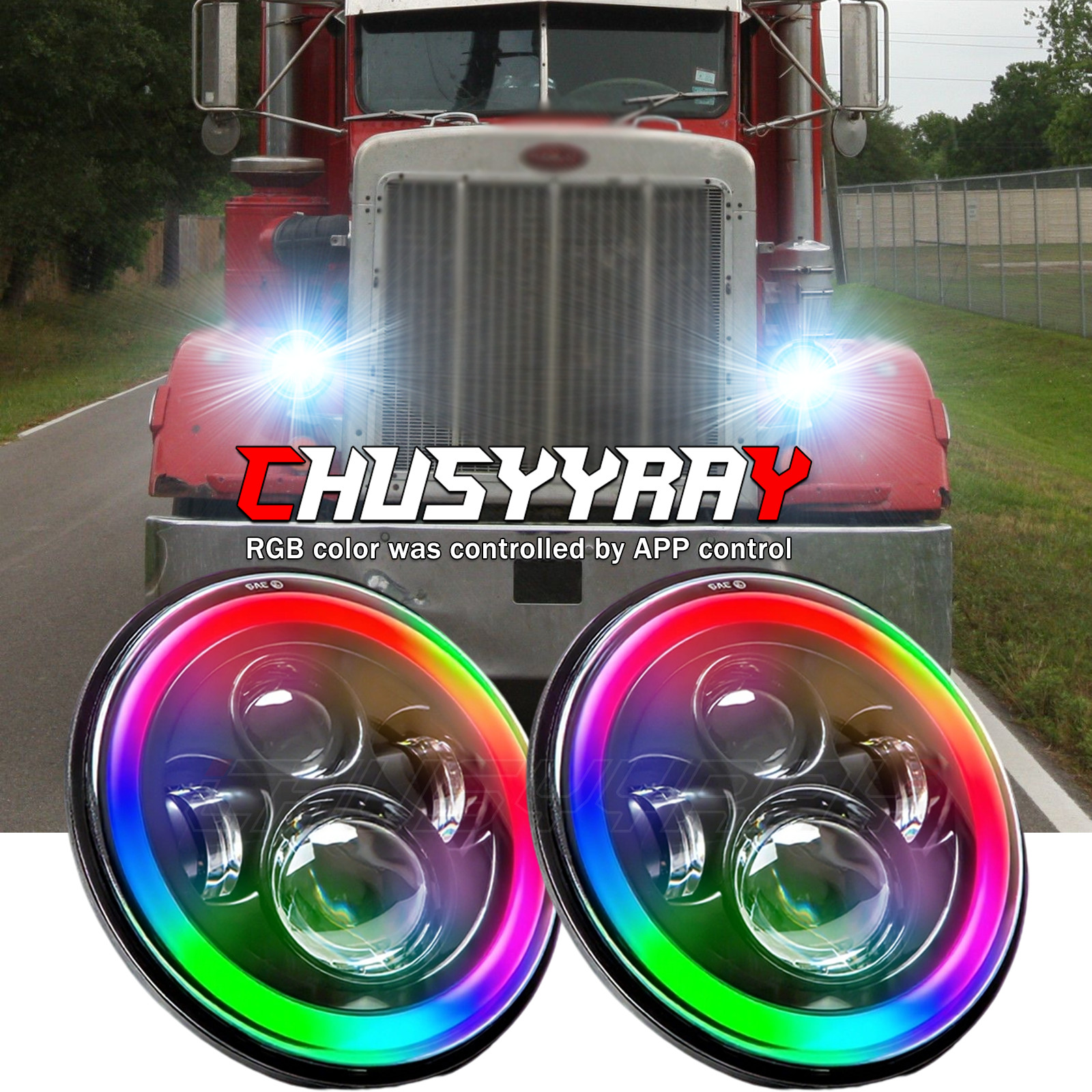 New Pair 7inch RGB LED Round Headlight Hi/Low Beam for Peterbilt 379 359 Trucks