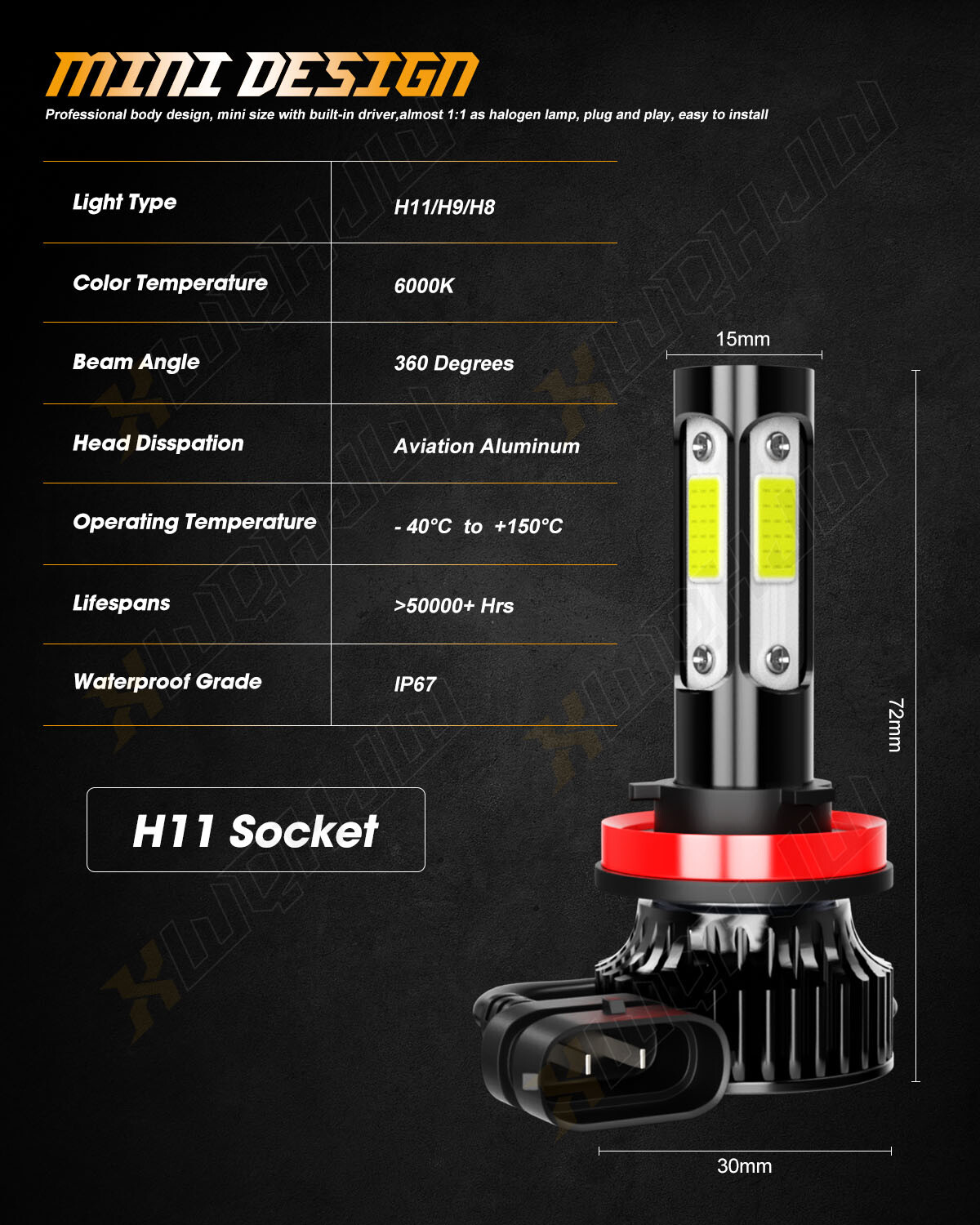 4x H11+H11 LED Headlight Combo High Low Beam Bulbs Kit 4-Side Bright White 6000K
