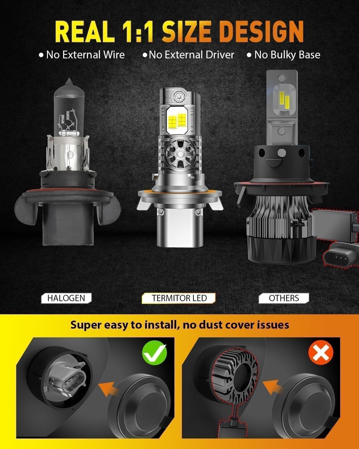 10X Brighter H13/9008 LED Bulbs 50,000LM Cool White 6500K IP68 Waterproof, Easy