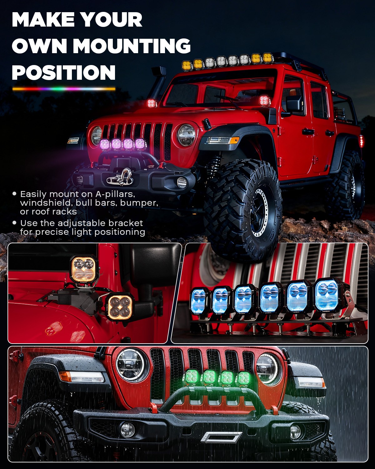 Auxbeam Color Play 3″ RGBW LED Work Driving Pods Lights Offroad Fog Spotlights