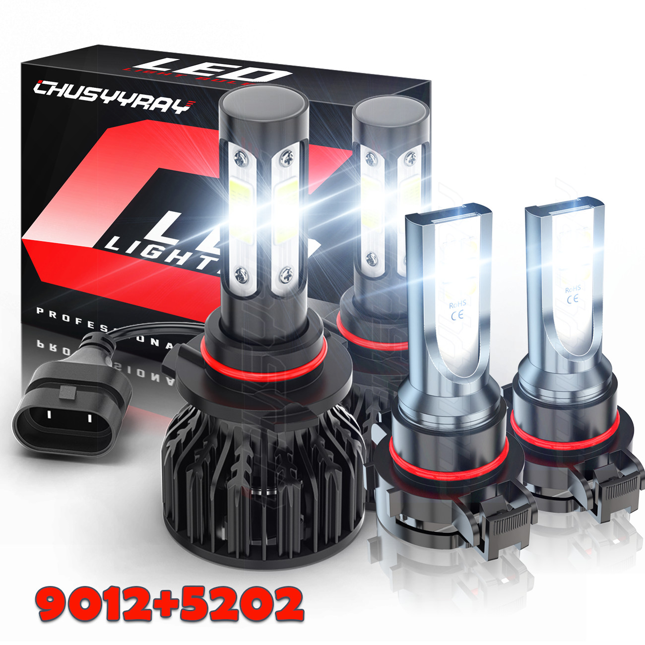 9012/HIR2 + H16/5202 LED Headlight + Fog Light Bulbs White 6000K Plug&Play 4Pack