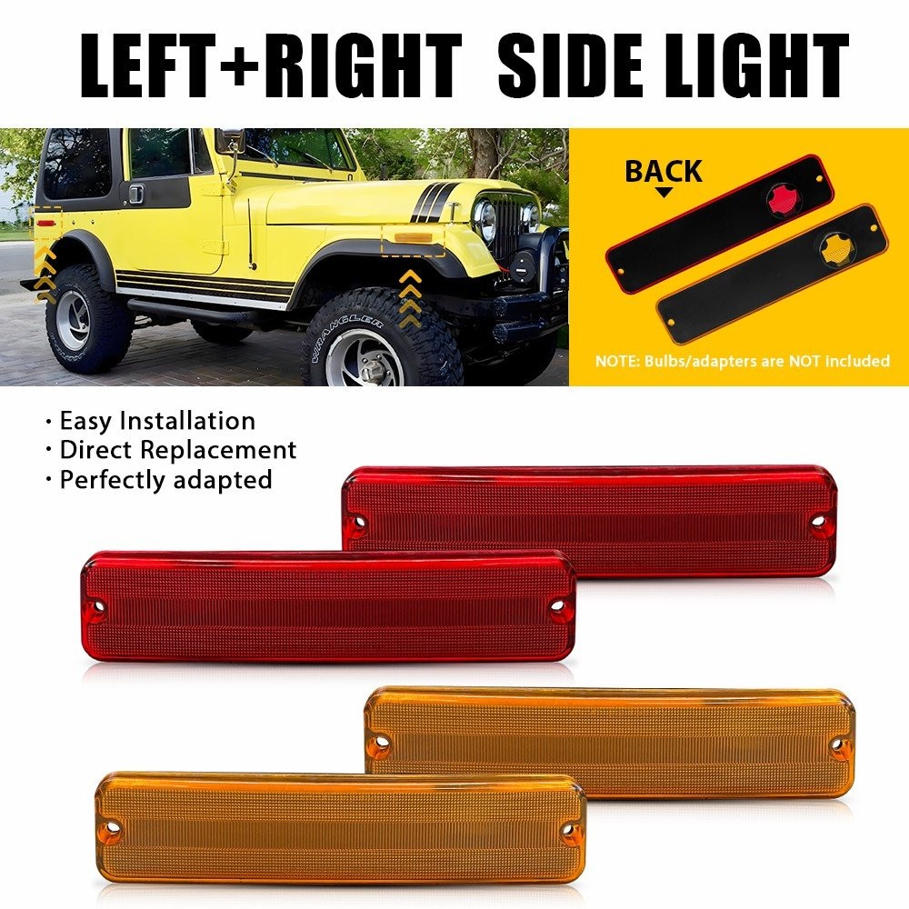 4PC Front Rear Side Marker Light Amber Red Lens For Jeep Cherokee J10 Pickup CJ5