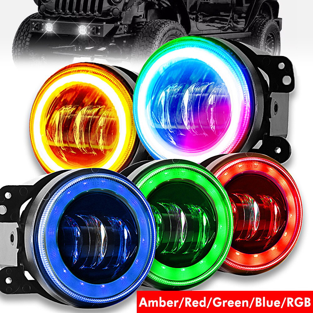 4“ Round LED Fog Lights Driving Halo Combo Kit For Jeep Wrangler JK TJ LJ Dodge