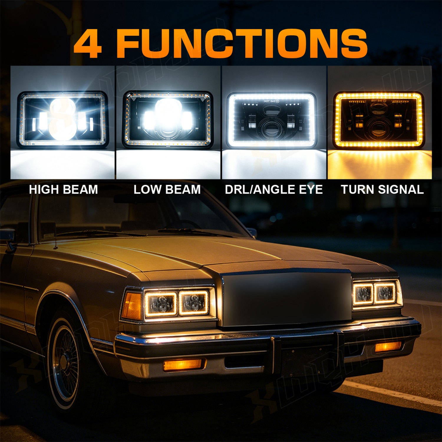 4×6 LED Square Headlights IP68 Waterproof Hi Lo Beam Pair