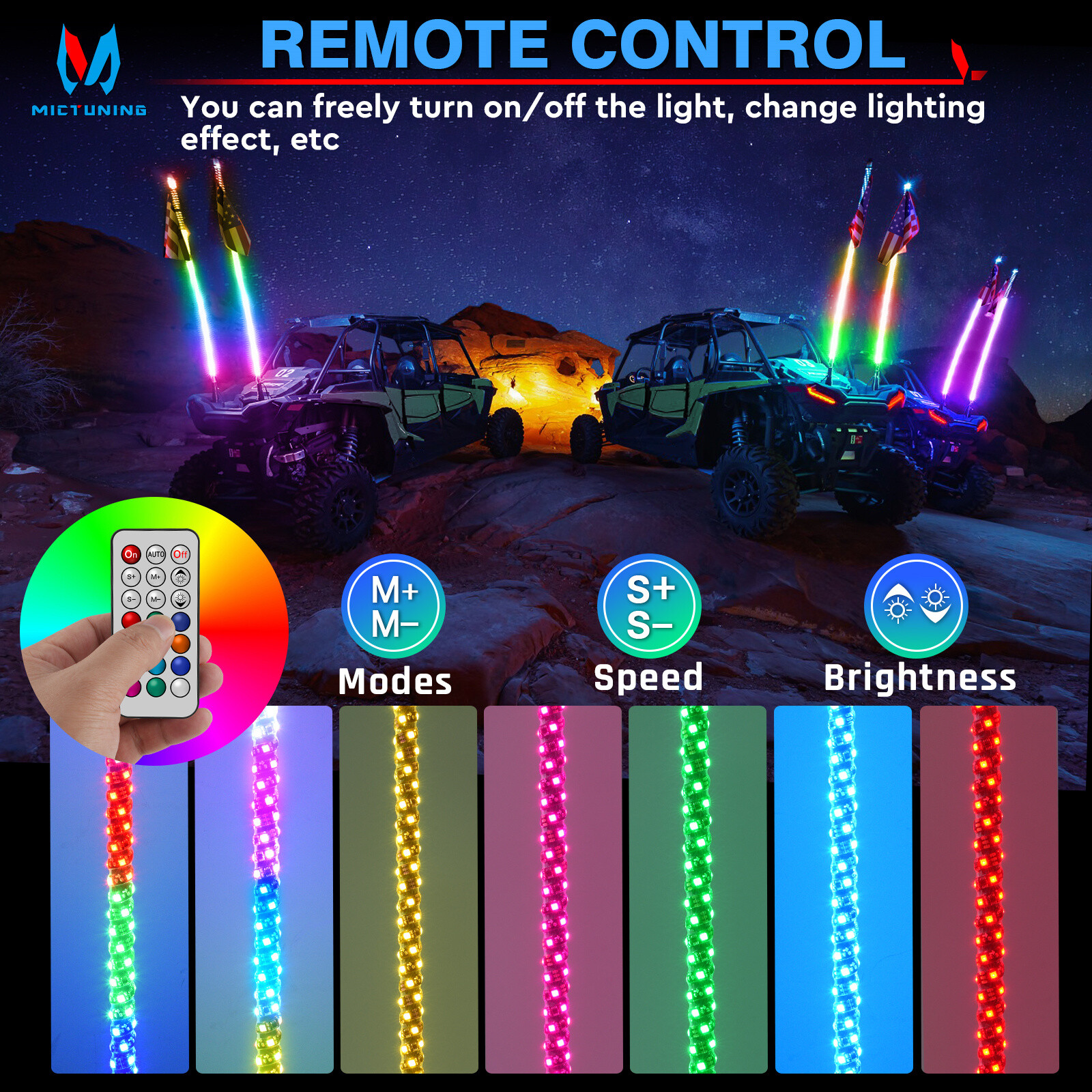 1Pair 3ft/4ft RGB-IC LED Whip Lights 360° Antenna Flow Lamp w/Remote For UTV ATV