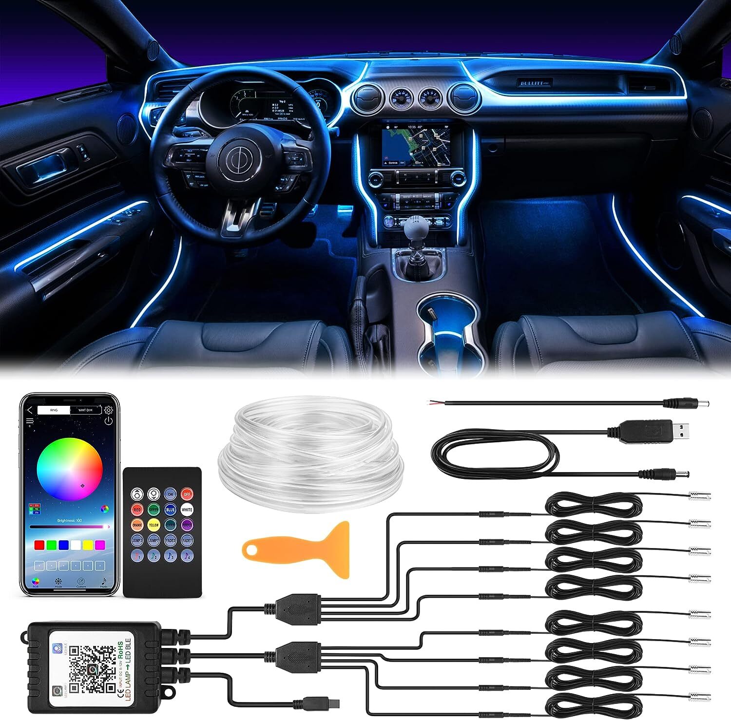 Interior Car RGB LED Strip Lights 8 in 1 Neon Ambient Decor Atmosphere Lights US