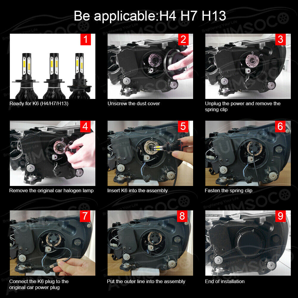 4-Sides White LED H13 Headlights + H10 Fog Light Bulbs Plug&Play Conversion Kit