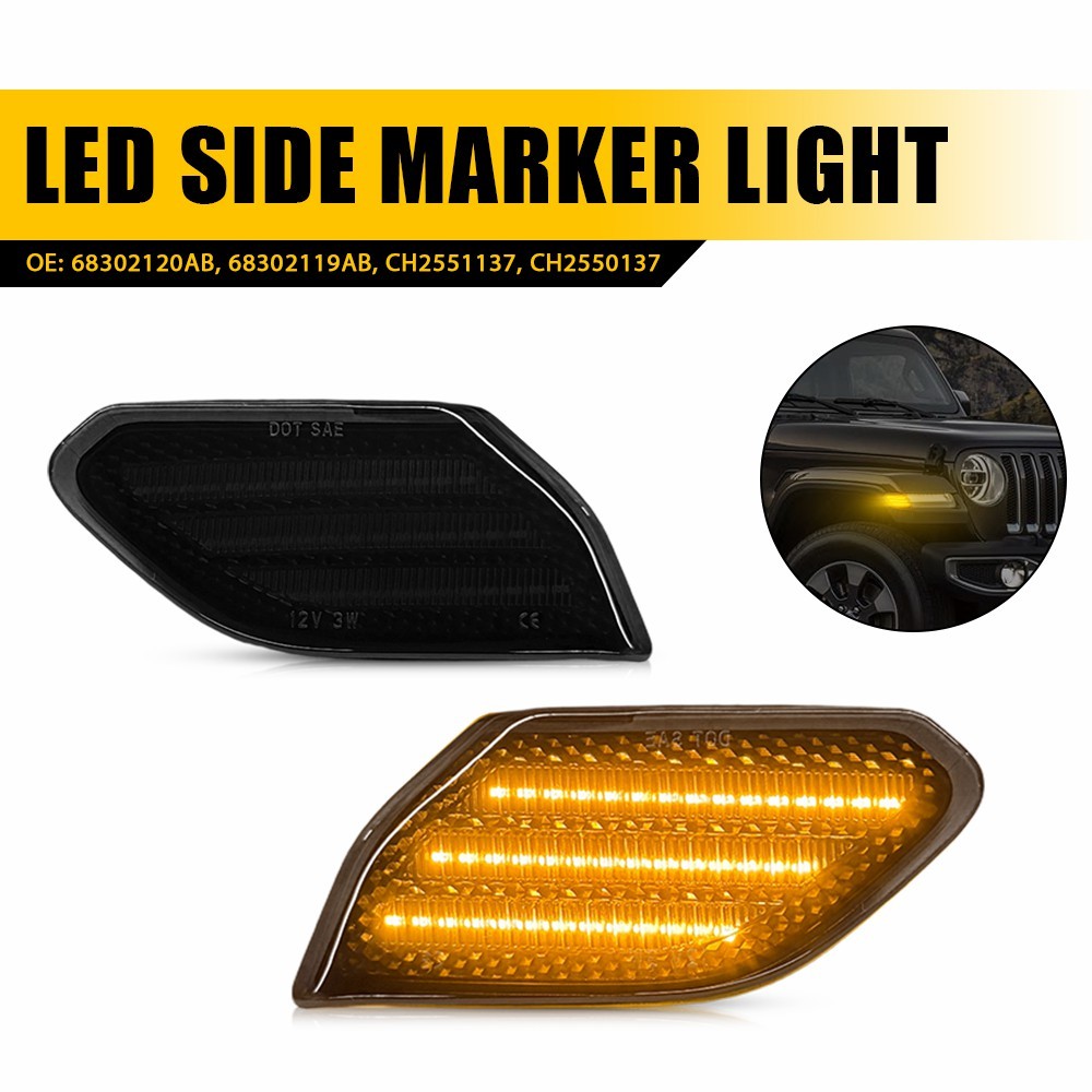 2Pcs Front Left Right Smoked LED Fender Side Marker Lights For 18+ JL / 20+ JT