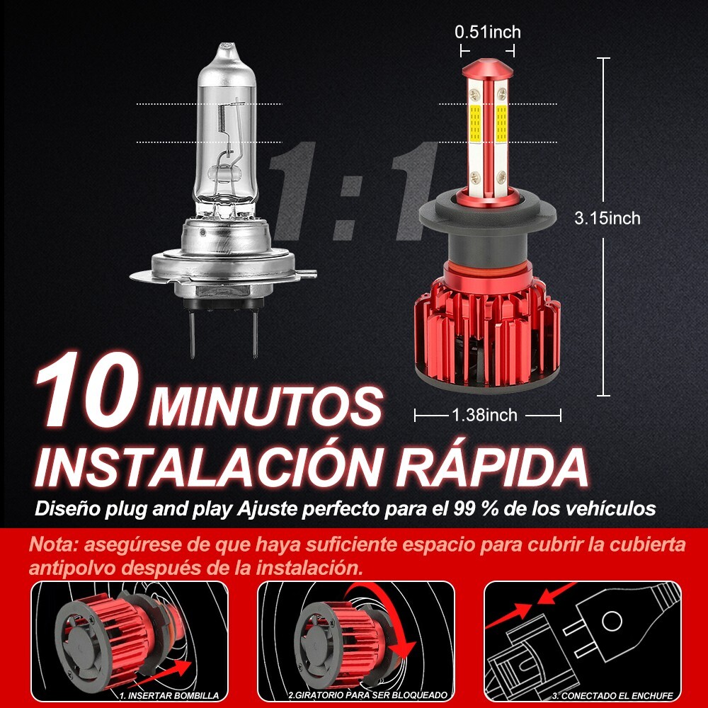 4 Sides H7 LED Headlight Bulb Kit High Low Beam 6500K White Super Bright 20000LM