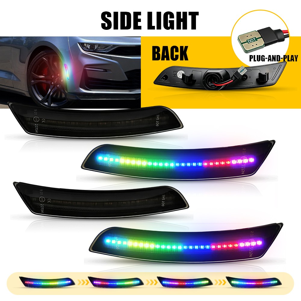 Colorful Flowing Light 4X For Chevy 2016-23 Camaro Smoked LED Side Marker Lights