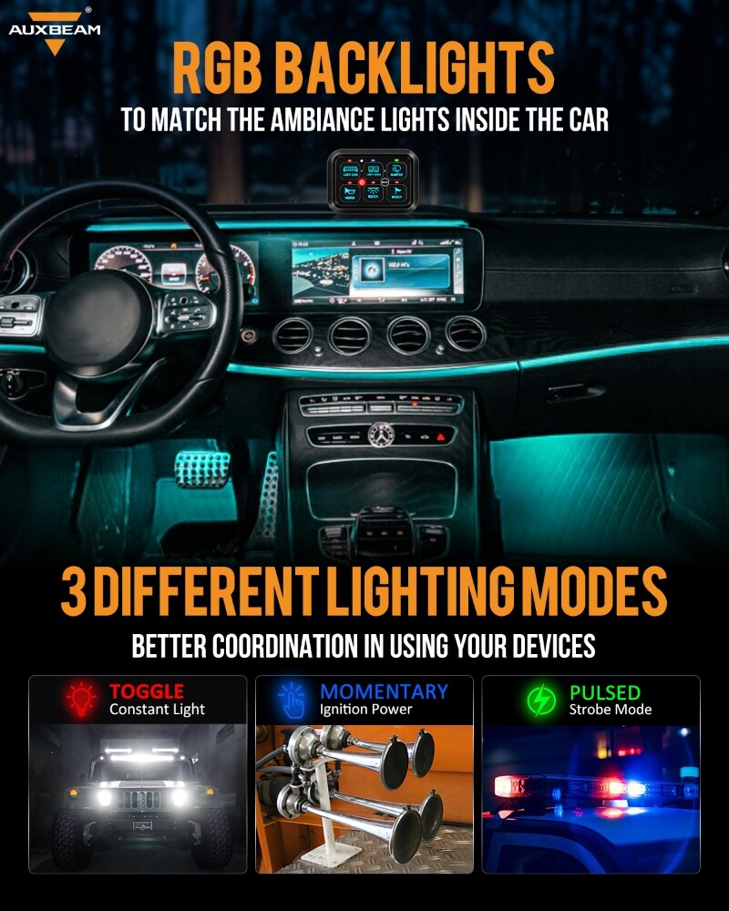 AUXBEAM 6 Gang RGB On/Off Switch Panel Toggle LED Light Circuit Relay System Kit