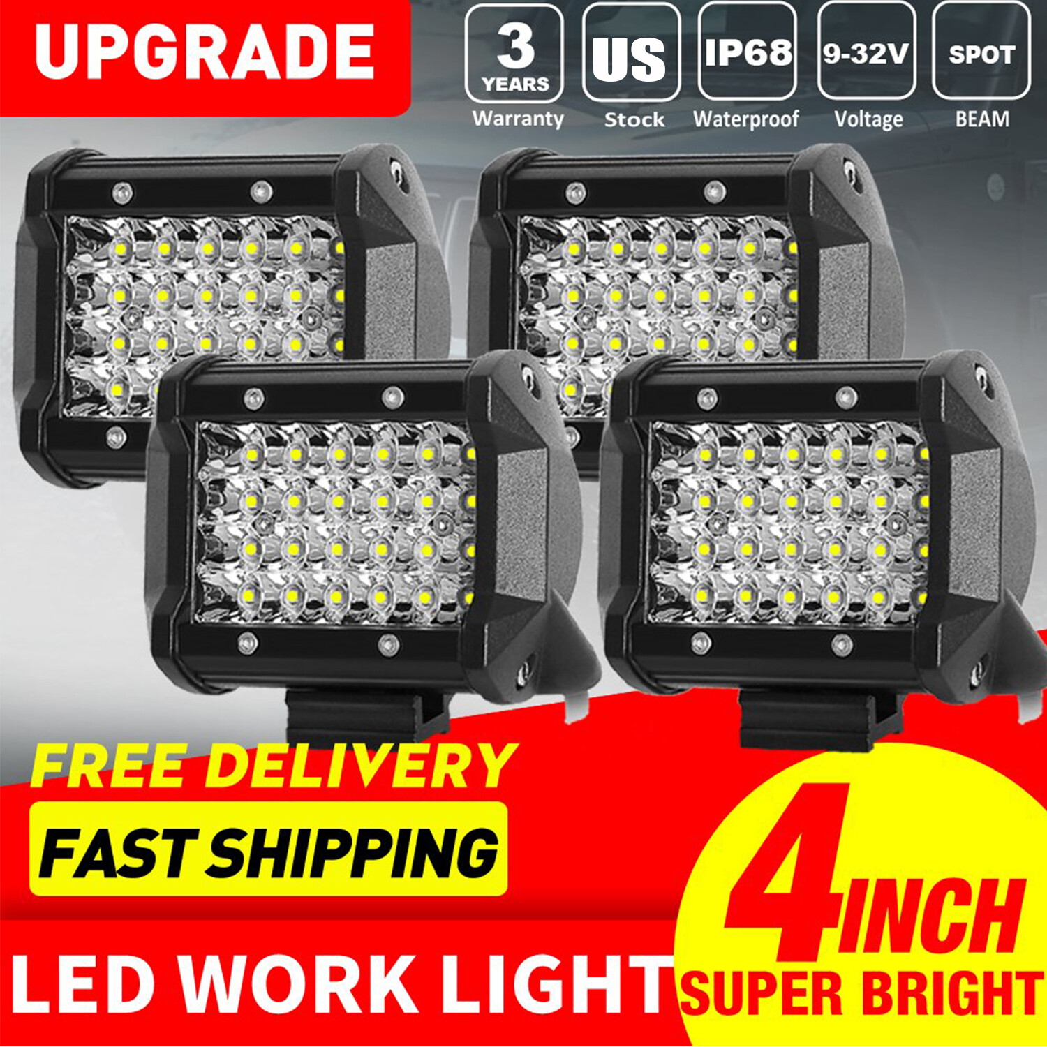 52″ Inch 1000W LED Light Bar Spot Flood + 12″ + 4″ Pods For Jeep Truck SUV Boat