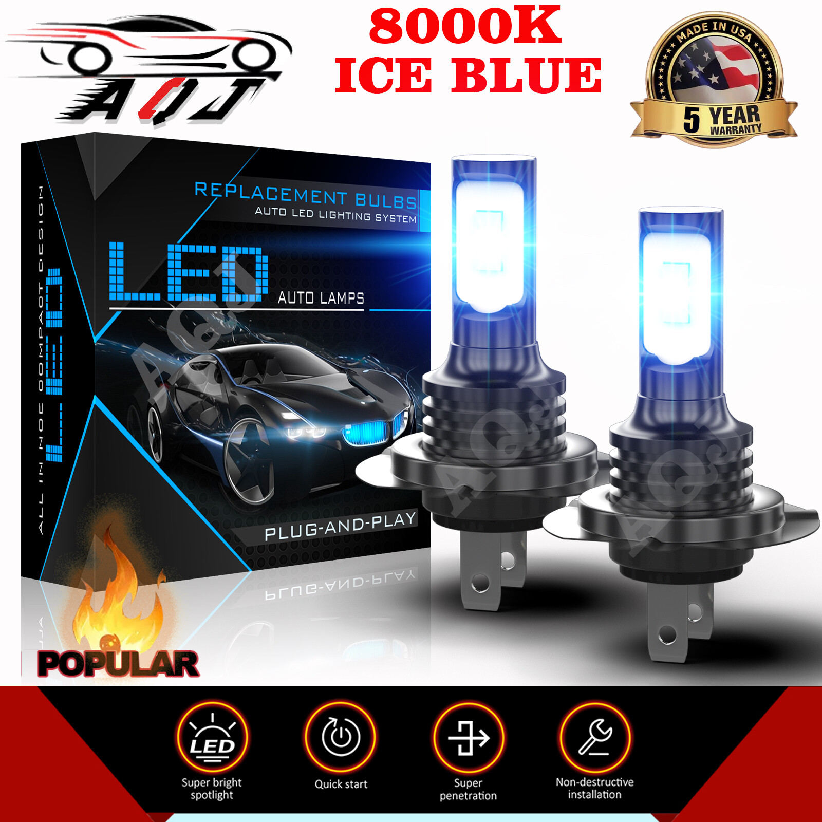 H7 LED Headlight Bulbs Kit 140W Super blue 3570 8000K Canbus Error Free