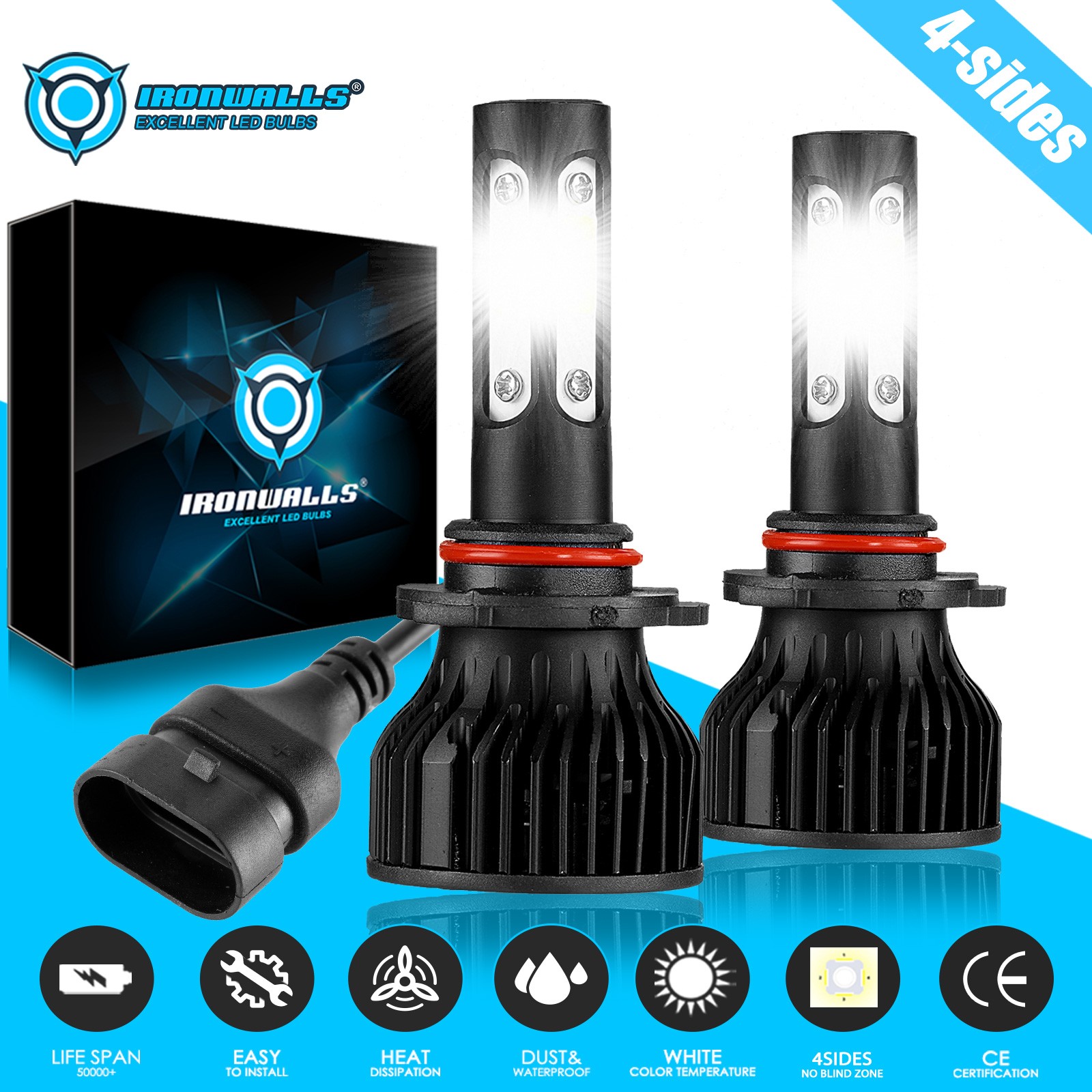 4-sides HB4 9006 LED Headlight Bulbs 2500000LM Low Beam Super Bright White 6000K