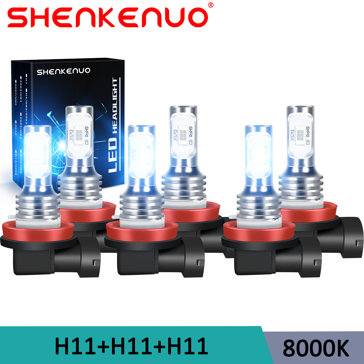8000K Ice Blue LED Headlight Hi/Low Beam+Fog light bulbs Kit 6X H11 2400lm US