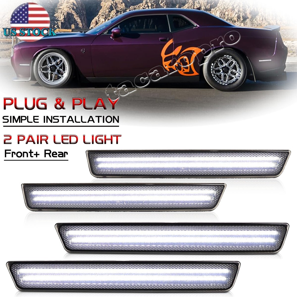 4PC Front Rear Fender Side LED Marker Light White For 2015-2023 Dodge Challenger