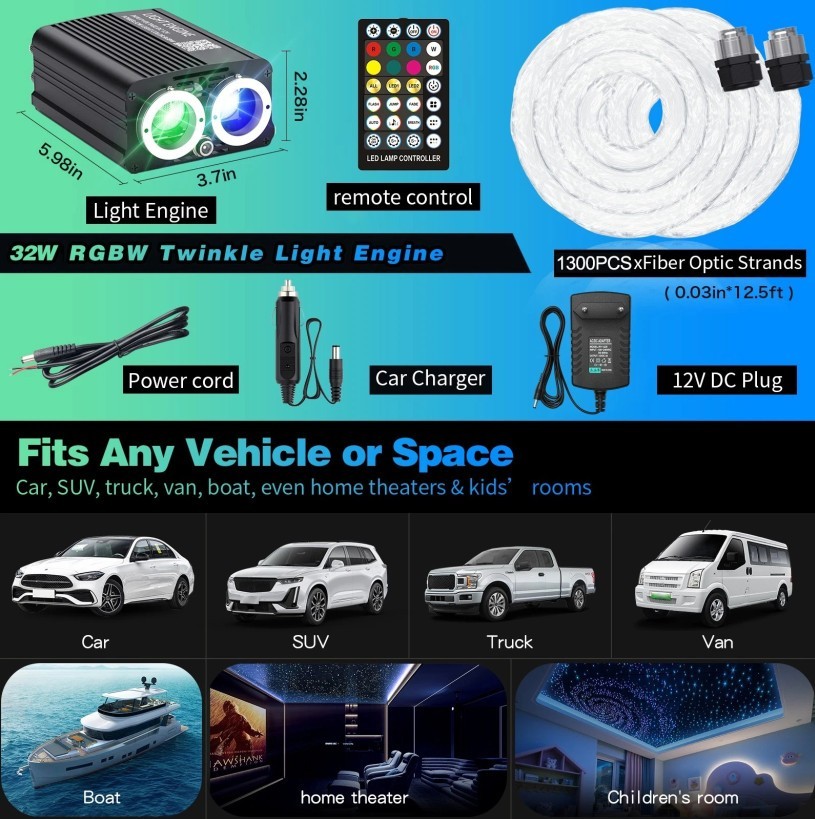 Car Headliner Twinkle&Meteor Star Light Fiber Optic Kit Starlight Car Floor Mats