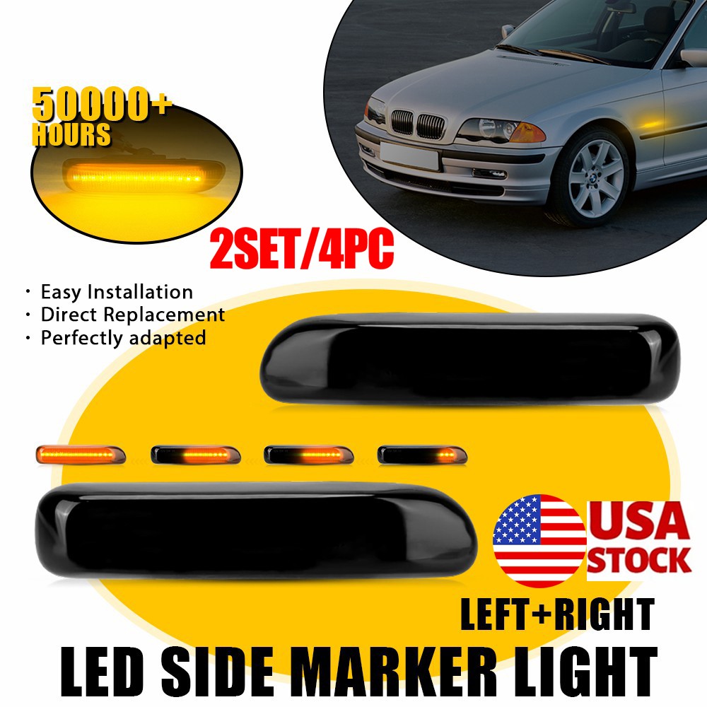 4PC RH LH Smoked Sequential LED Side Marker Lights Amber 63132228591 For BMW E46