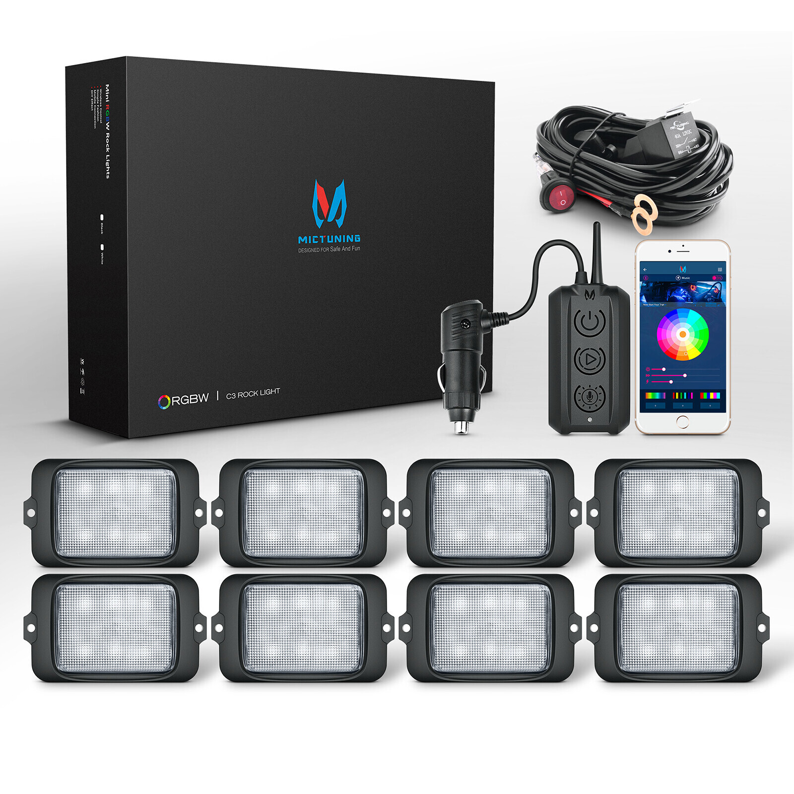 MICTUNING RGBW LED Rock Lights Kits 8 Pods Wireless Control Car Underglow Lights