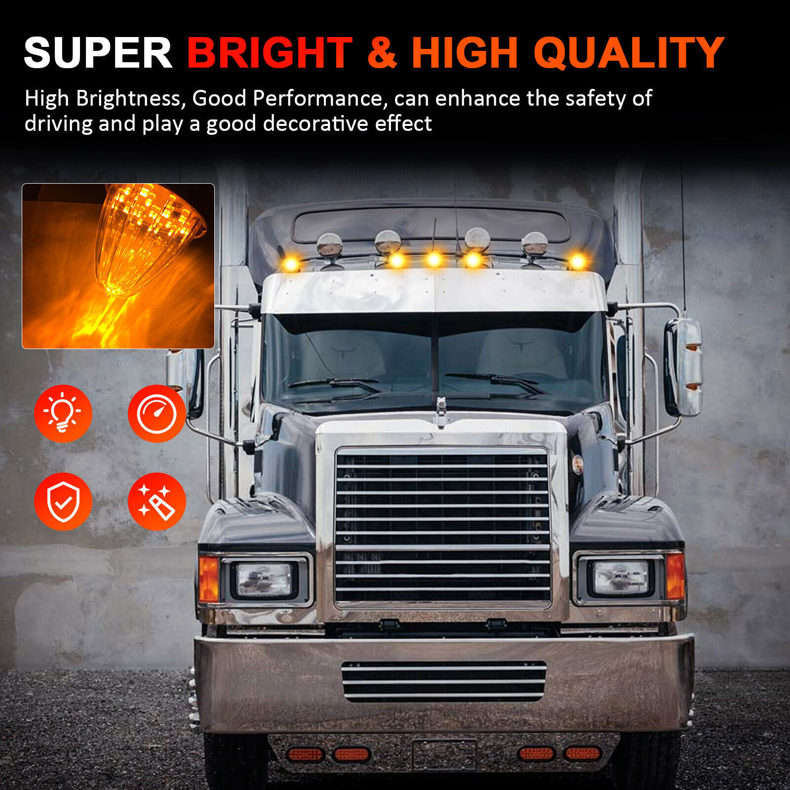 5x 17LED Amber Semi Truck Roof Cab Marker Clearance Light Assembly For Peterbilt
