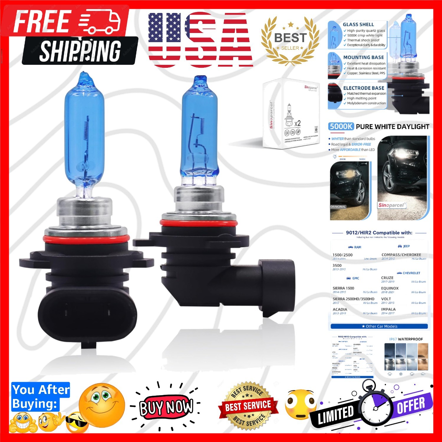 9012/ Halogen Headlight Bulbs 5000K White Light, High and Low Beam More Brigh…