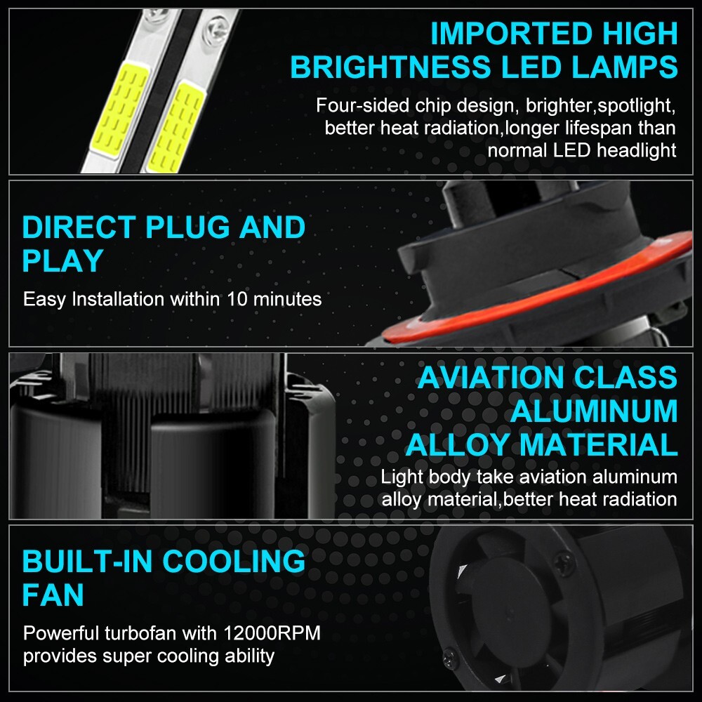 H13 9008 LED Headlight Bulbs Kit High Low Beam 6500K Super Bright White 720000LM