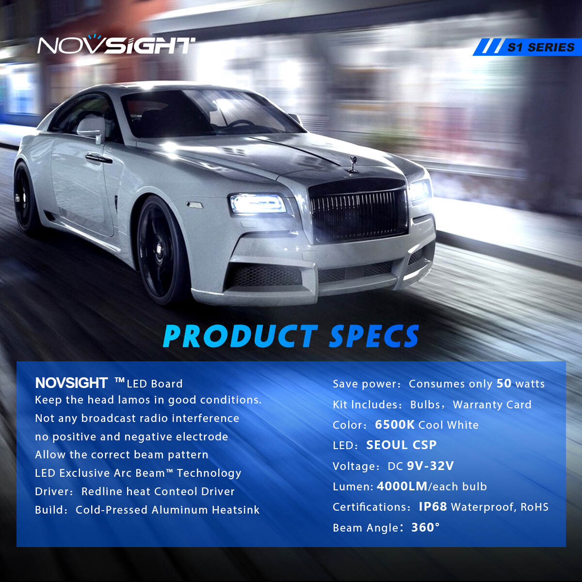 NOVSIGHT HB4 9006 LED Headlight Bulbs Conversion Kit High/Low Beam 9000LM White