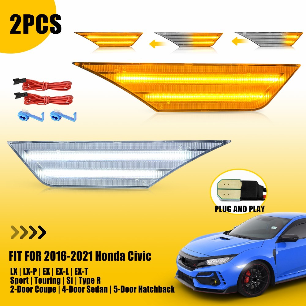 Smoke/Clear Full LED Strip Front Bumper Side Markers For 2016-2021 Honda Civic