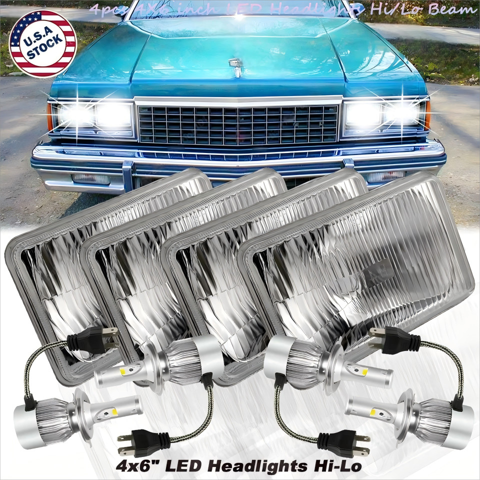 Fit 1982-1987 Chevrolet El Camino 4pcs 4X6 inch GLASS LED Headlights Hi/Lo Beam