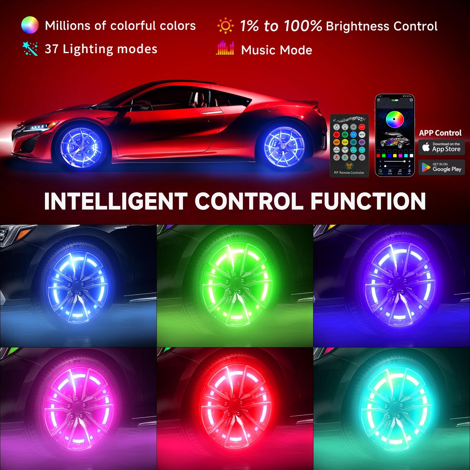For Chevy Silverado 1500 99-24 4X 15″ LED RGB Rim Lights Wheel Ring Light 3-Row