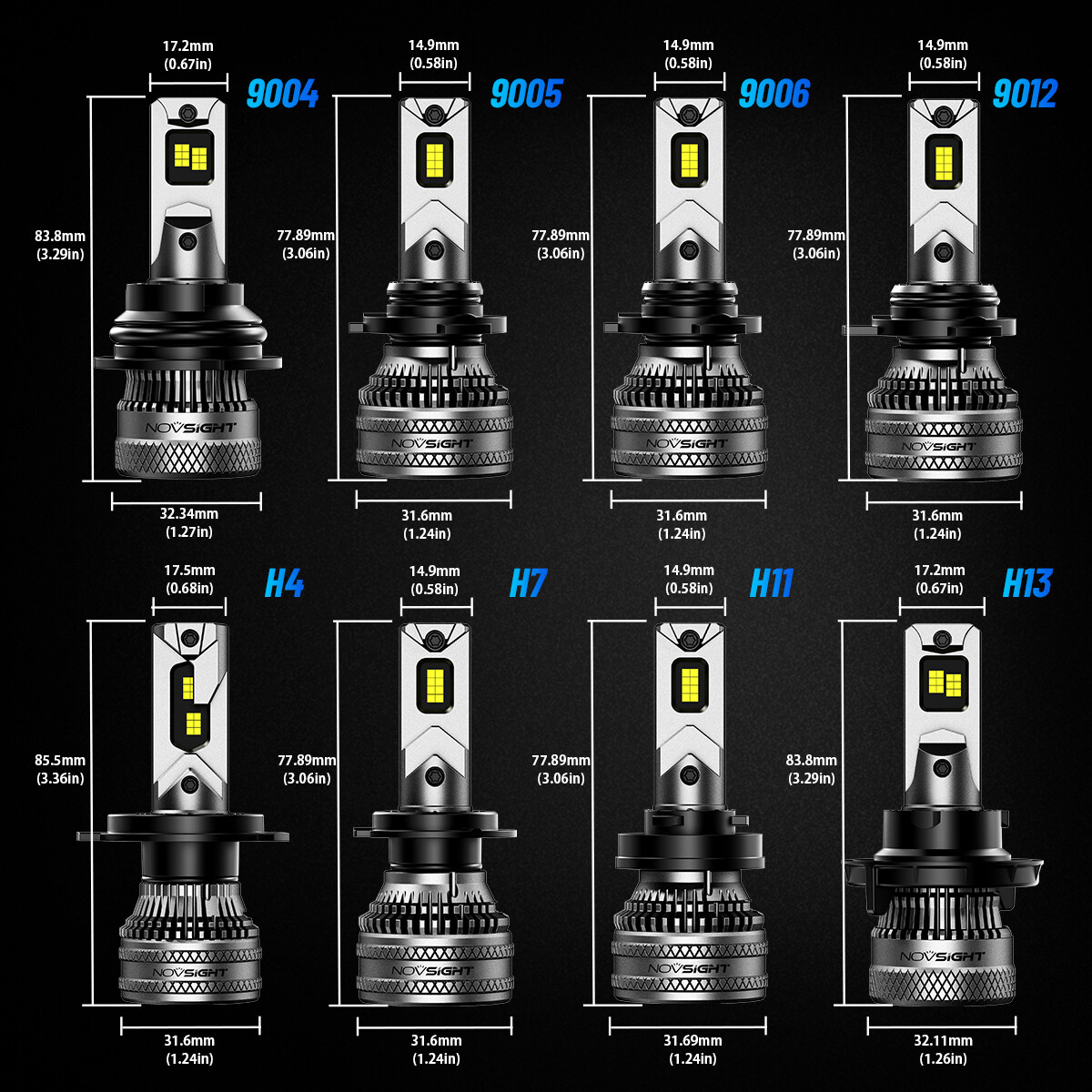 NOVSIGHT 9004 9005 9006 H11 H13 LED Headlight Bulbs Lamps 40000LM 200W 6500K 2pc
