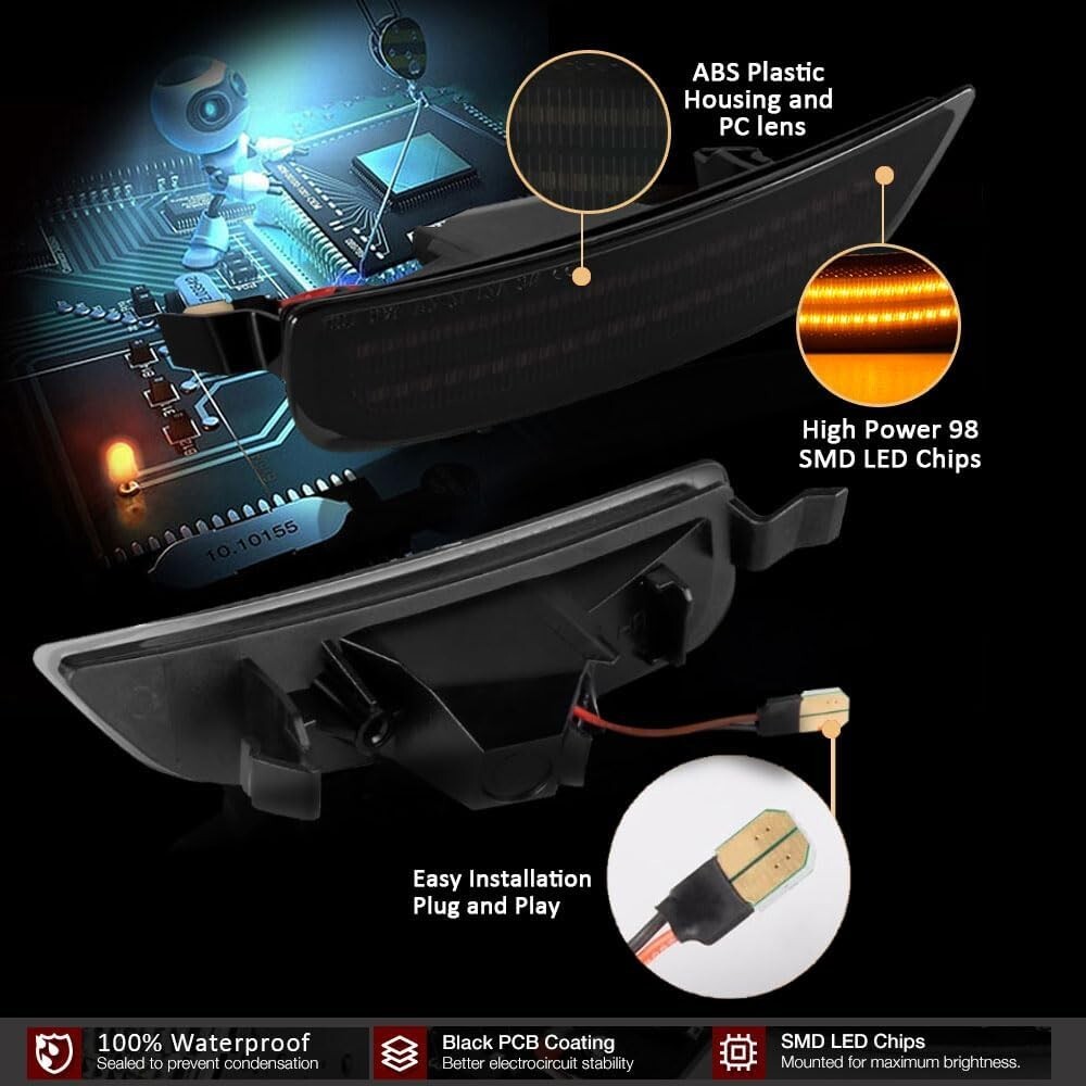 4Pc LED Side Marker Light Indicator Black Lens For 2016-2022 Mazda MX-5 Miata