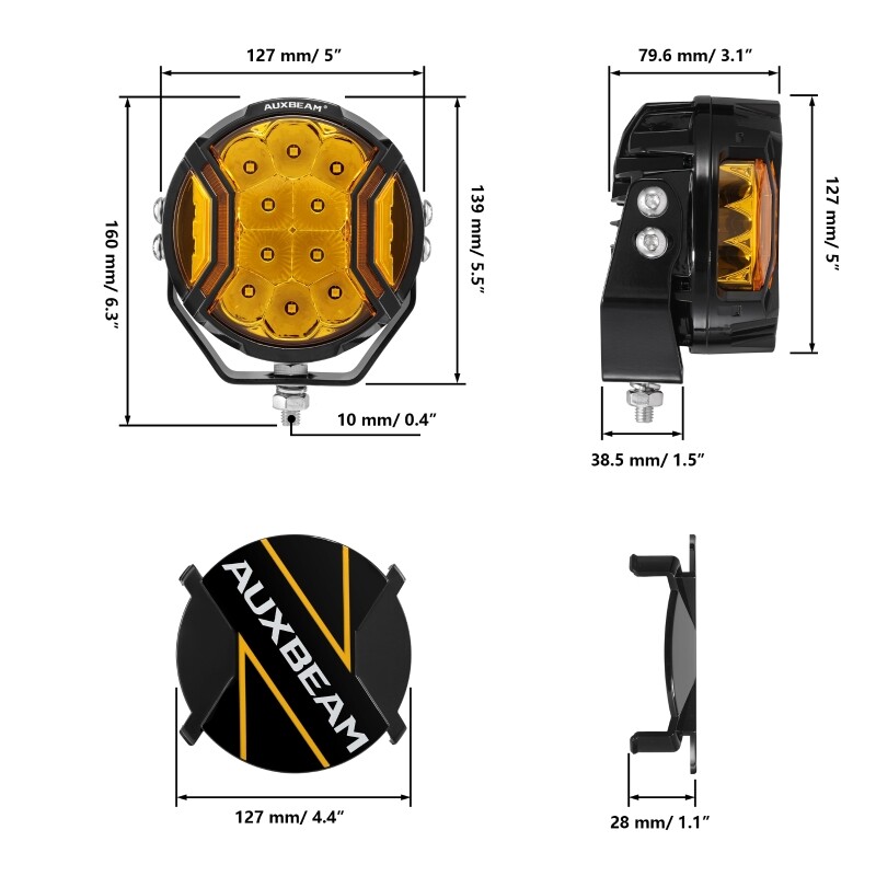 AUXBEAM 2X 5 INCH LED Side Shooter Pod SpotLights DRL Amber Driving Lights 174W