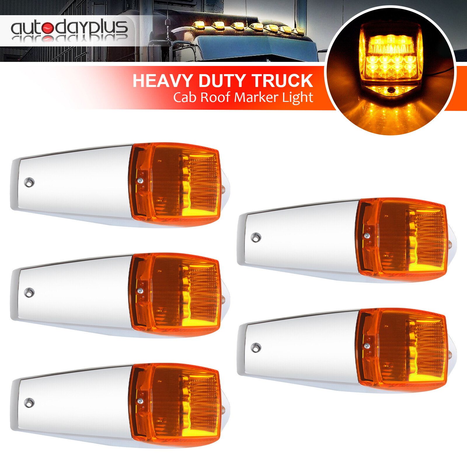 New 5x Amber 17 LED Chrome Cab Roof Marker Light Fits Peterbilt Kenworth