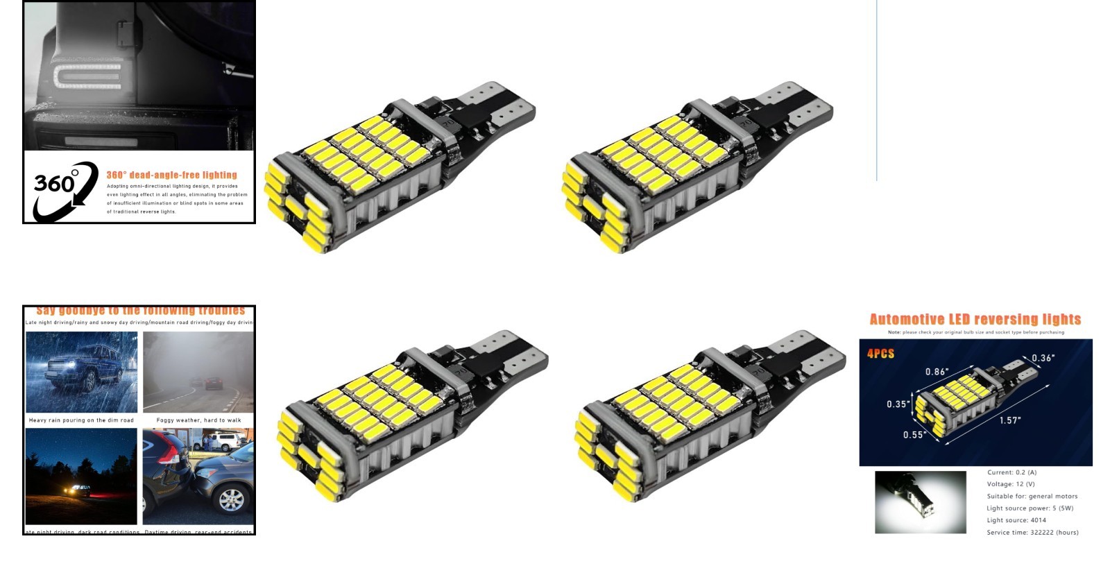 Plug-and-Play 4 PCS LED Reverse Lights – Bright 6500K with 360° Illumination
